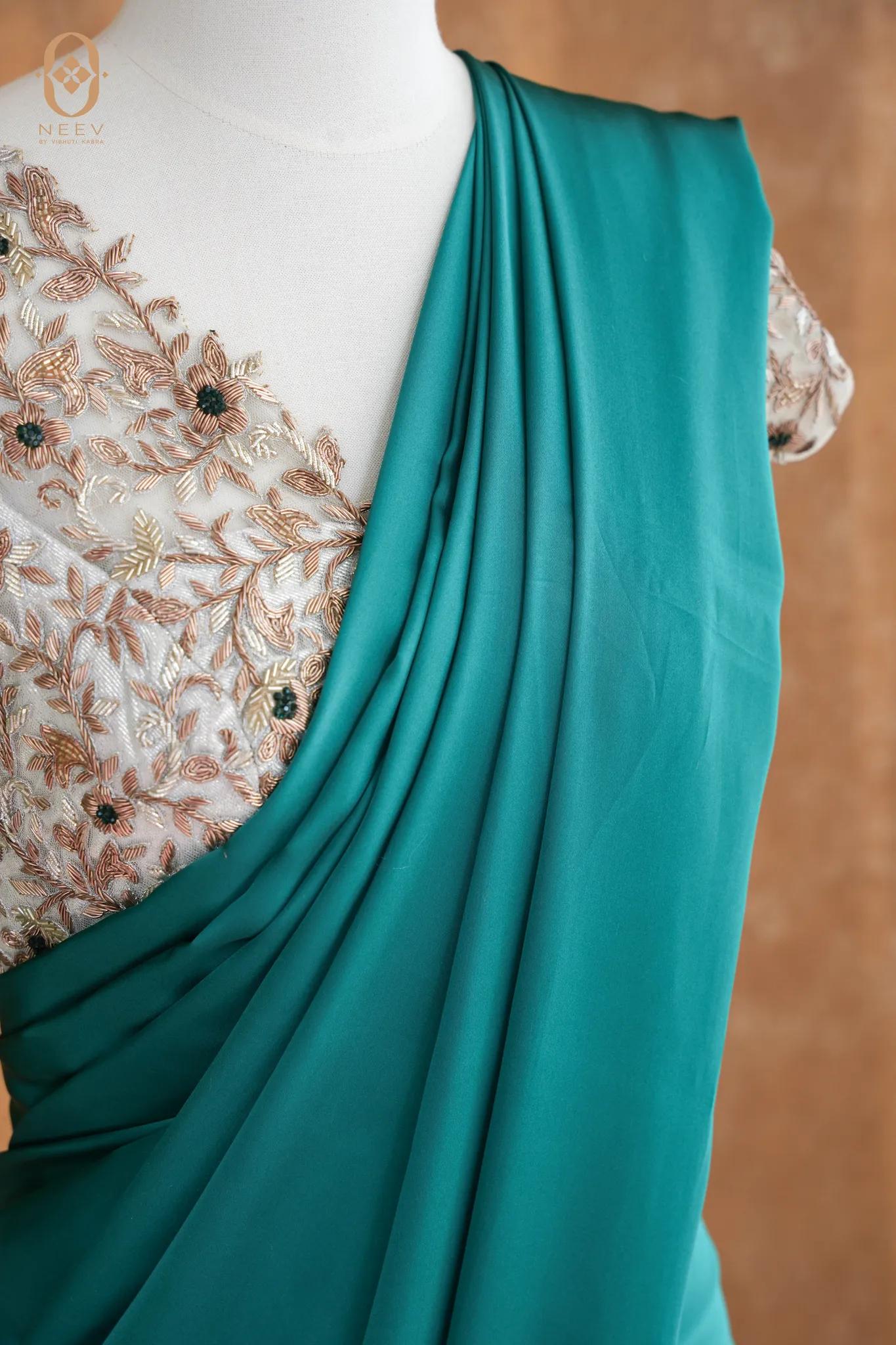 Fire Fly Pine Green Satin Saree