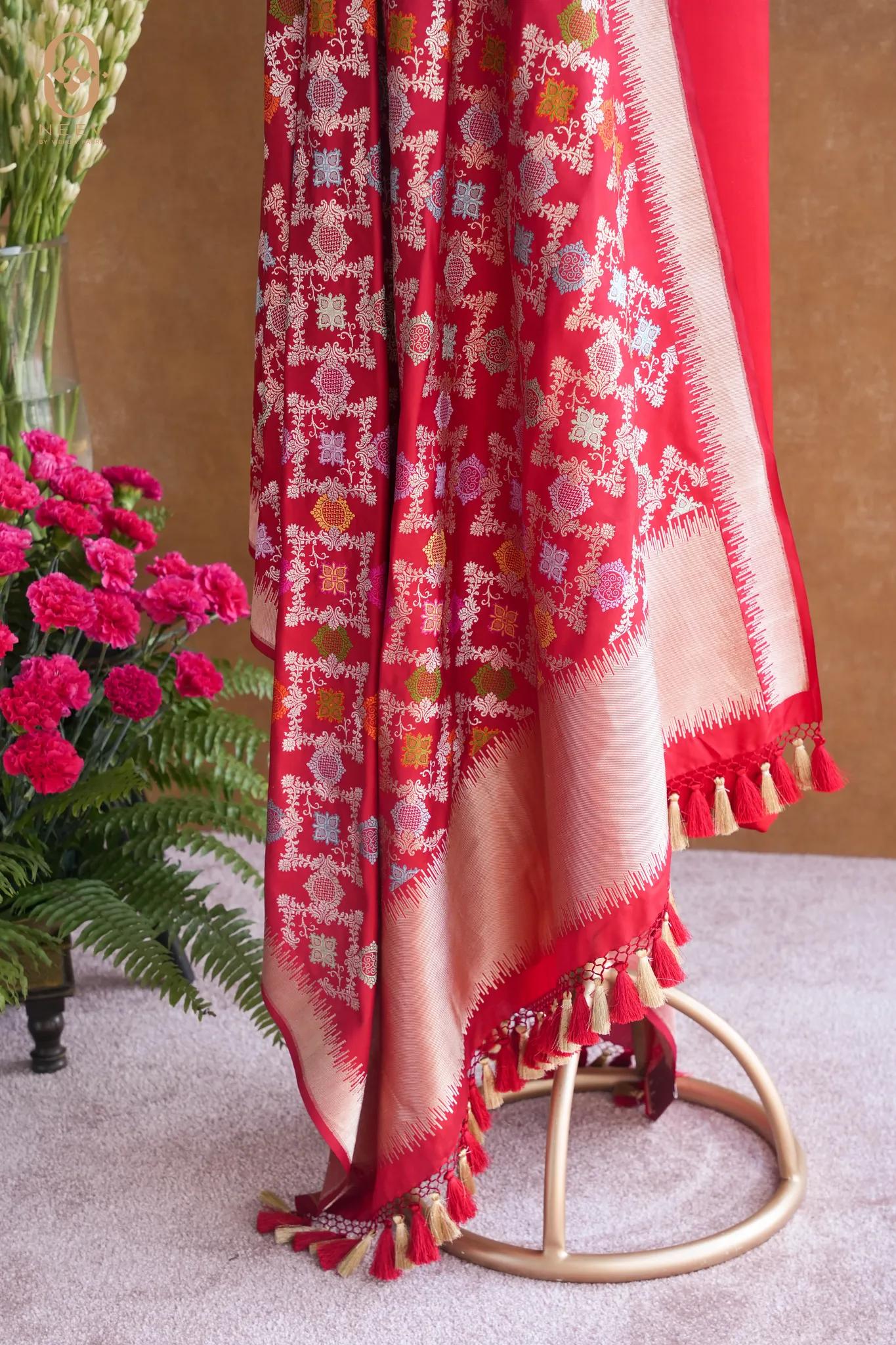 Scarlet Red Satin Suit With Katan Silk Meenakari Dupatta