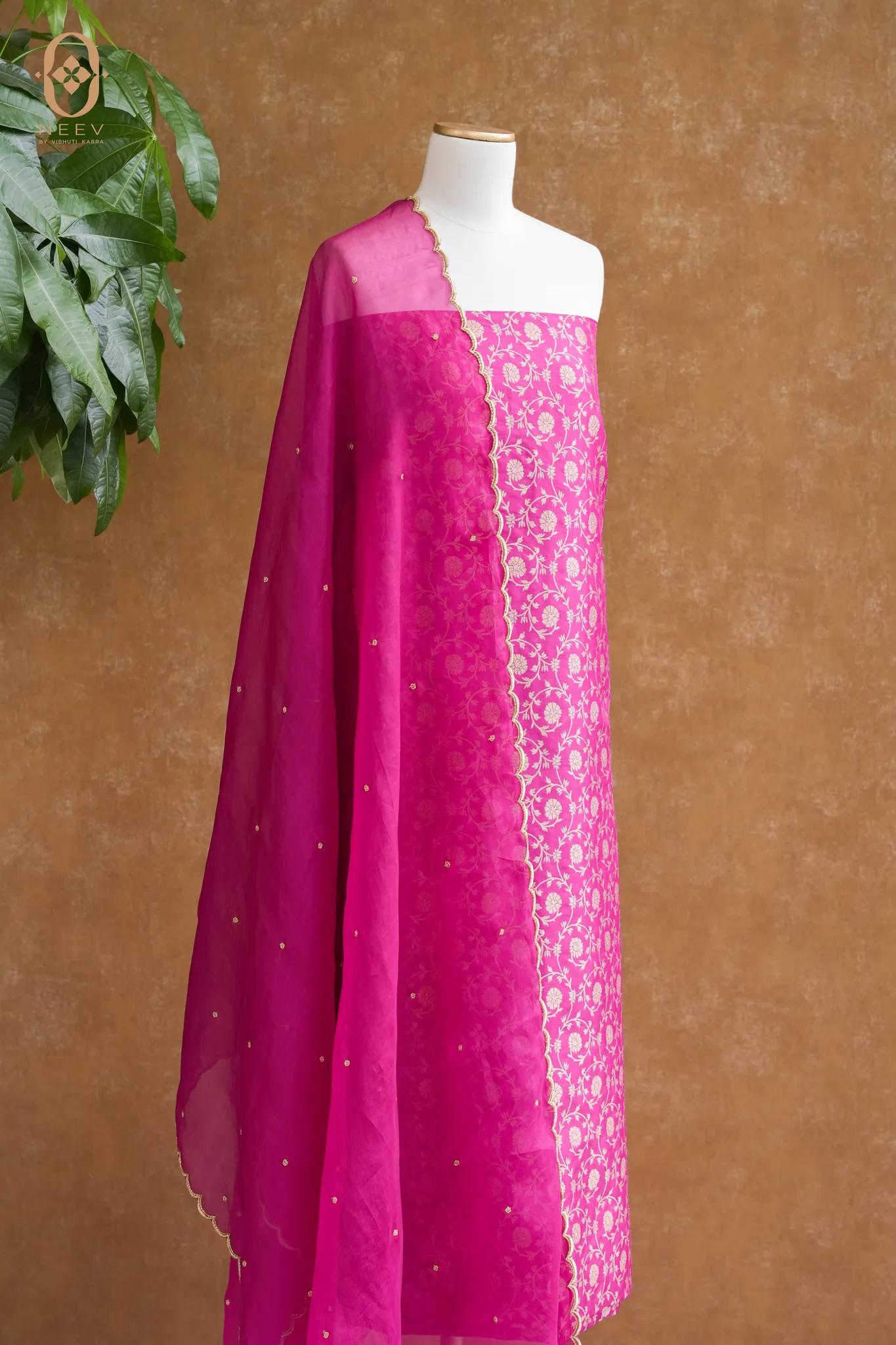 Katan Silk Suit With Kora Embroidered Dupatta