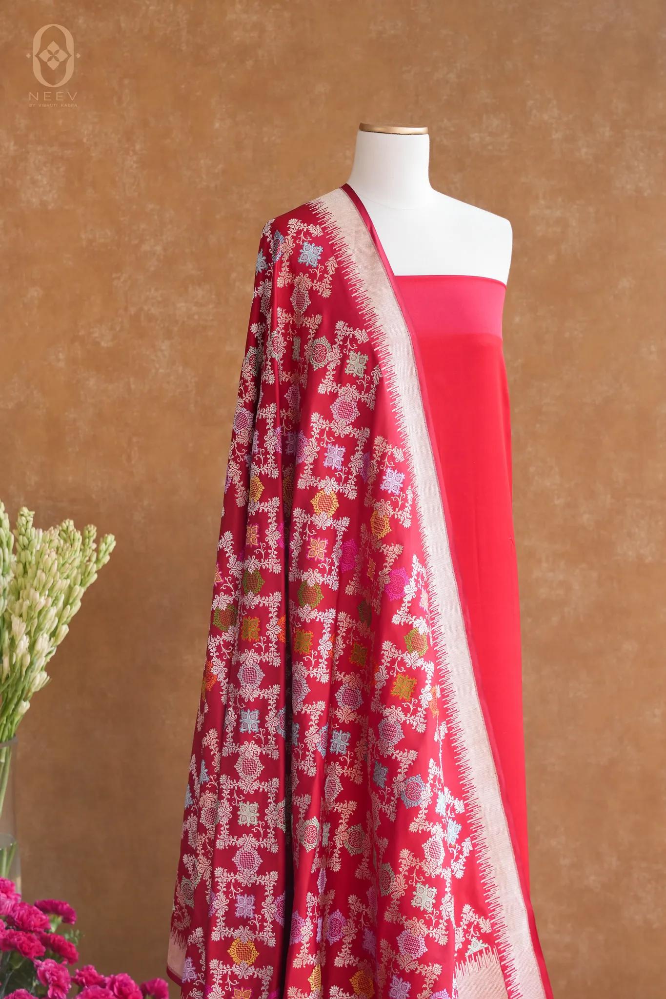 Scarlet Red Satin Suit With Katan Silk Meenakari Dupatta