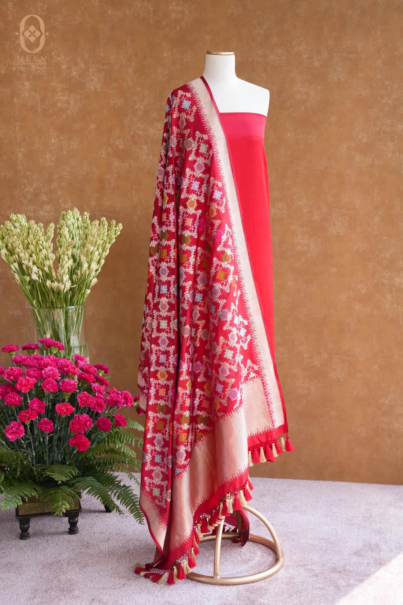 Scarlet Red Satin Suit With Katan Silk Meenakari Dupatta