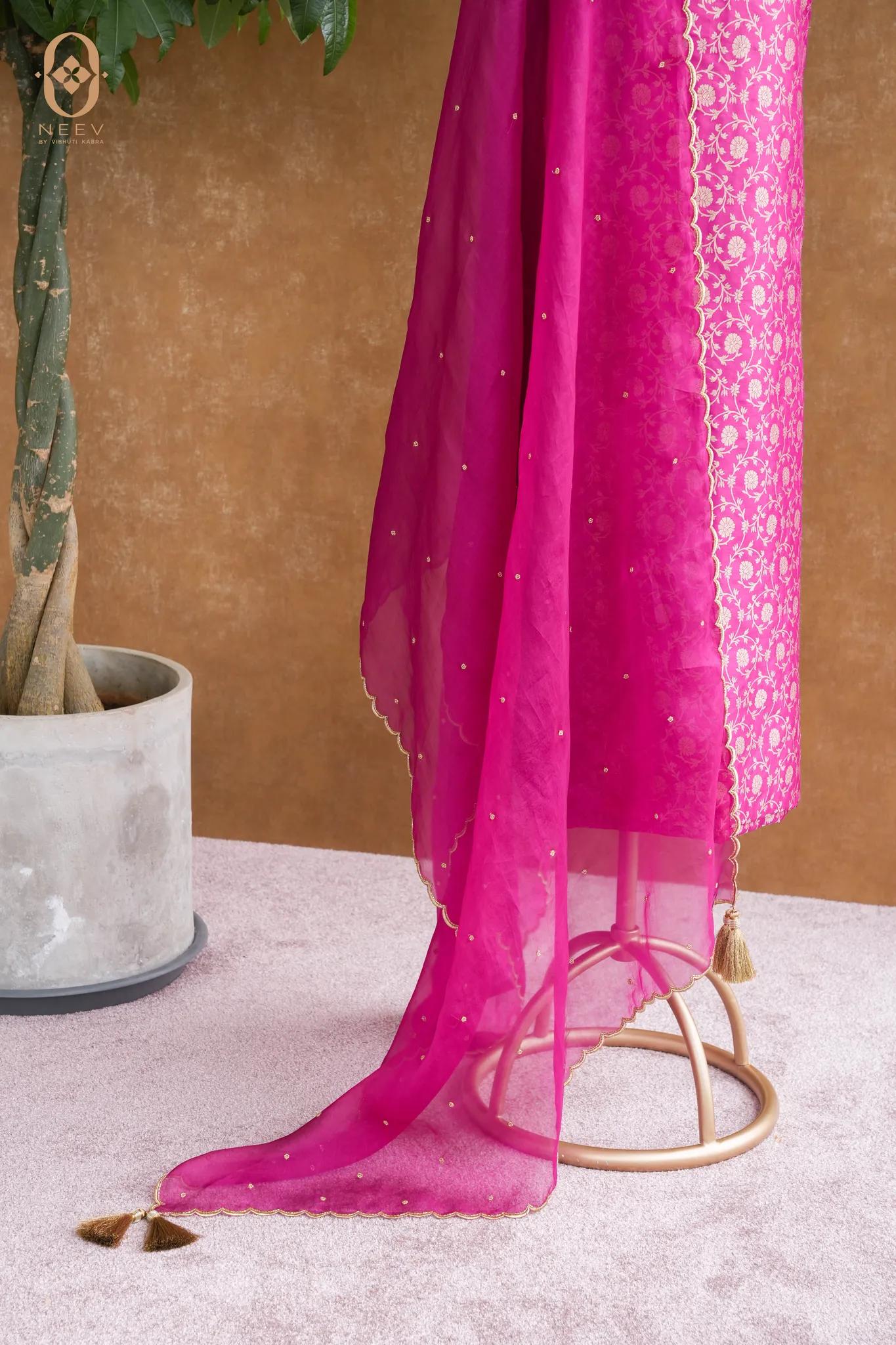 Katan Silk Suit With Kora Embroidered Dupatta