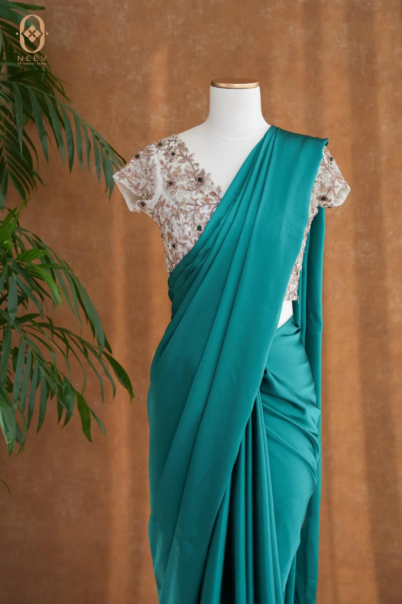 Fire Fly Pine Green Satin Saree
