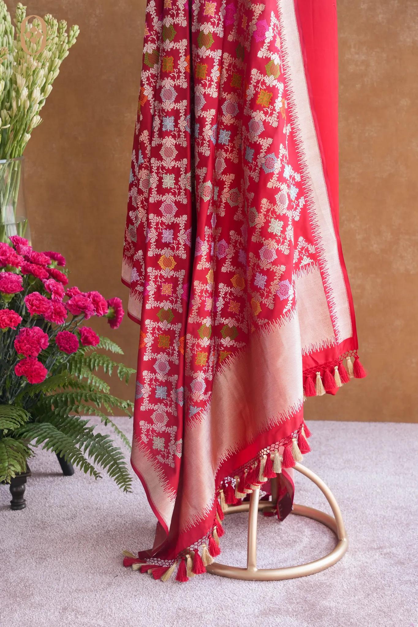 Scarlet Red Satin Suit With Katan Silk Meenakari Dupatta