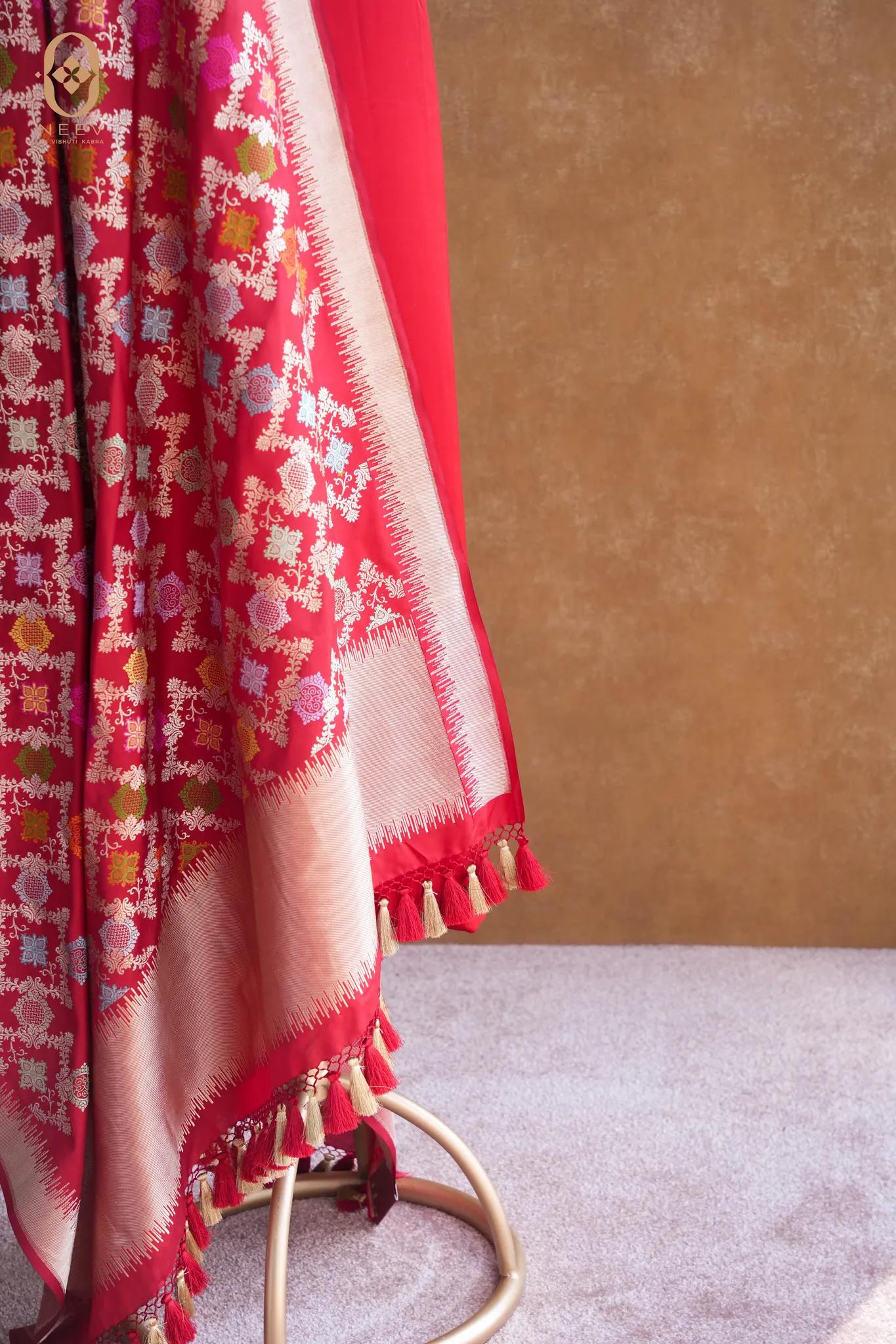 Scarlet Red Satin Suit With Katan Silk Meenakari Dupatta